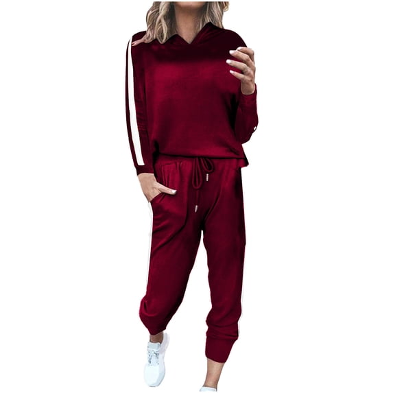 Fanxing Sweatsuits 2pcs Sets Womens Plus Size Red Women's Fall Velvet Tracksuits Long Sleeve Hooded Sweatshirt with Wide Leg Pants 2 Piece Sets Drawstring Hoodies Outfits New Year's Day Clearance