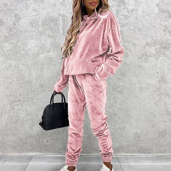 Fanxing Sweatsuits 2pcs Sets Womens Plus Size Red Women's Fall Velvet Tracksuits Long Sleeve Hooded Sweatshirt with Wide Leg Pants 2 Piece Sets Drawstring Hoodies Outfits New Year's Day