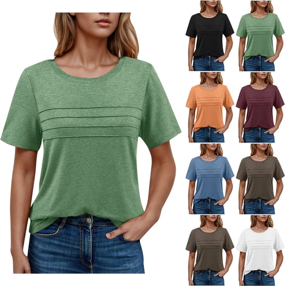 Fanxing T Shirts for Women Short Sleeve Pleated Summer Tops Solid Color Crewneck Casual Tees Orange,XL