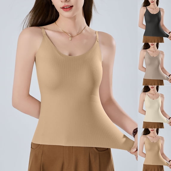 Fanxing Tank top with Built in Bra for Women Plus Size Spaghetti Strap Padded Athletic Tops Summer Camisole Shirts Workout Yoga Shirt Beige,XXL