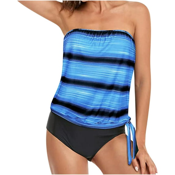 Fanxing Tankini Swimsuits for Women Loose Fit Floral Printed Modest 2 Piece Bathing Suits Stripes Blouson Tank Top with Bottoms Two Pieces Swimwear Blue,M Female