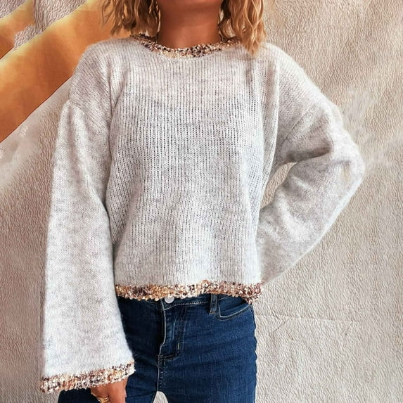 Fanxing Teen Girl Lace Trim Sweater Casual Crewneck Knit Pullover Lightweight Cute Jumper Tops Gray L