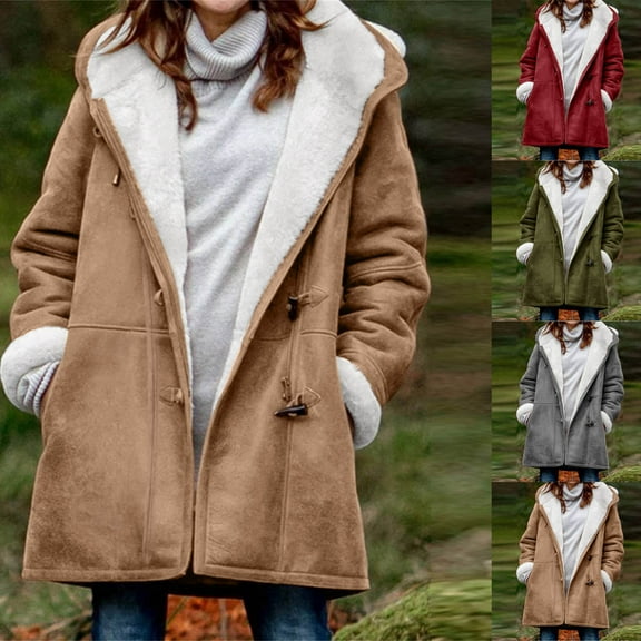 Fanxing Teen Girls Plus Size Suede Leather Coat Winter Warm Sherpa Fleece Lined Suede Hooded Parka Coats Mid Length Cozy Fuzzy Pea Coat Army Green,L