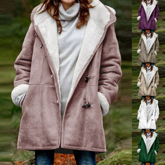 Fanxing Teen Girls Plus Size Suede Leather Coat Winter Warm Sherpa Fleece Lined Suede Hooded Parka Coats Mid Length Cozy Fuzzy Pea Coat Purple,M