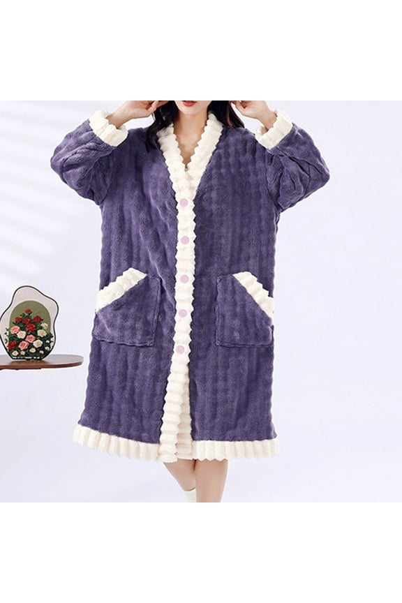 Terry Absorbent Robes for Women Extra Thick Cozy Warm Plush Bathrobe Cozy Christmas Gift Button Down Nightgown Sleepwear Purple Free Size