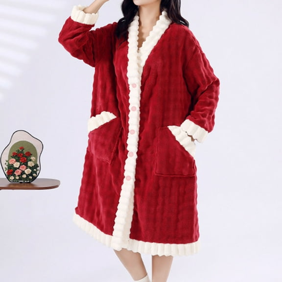 Fanxing Terry Absorbent Robes for Women Extra Thick Cozy Warm Plush Bathrobe Cozy Christmas Gift Button Down Nightgown Sleepwear Red Free Size