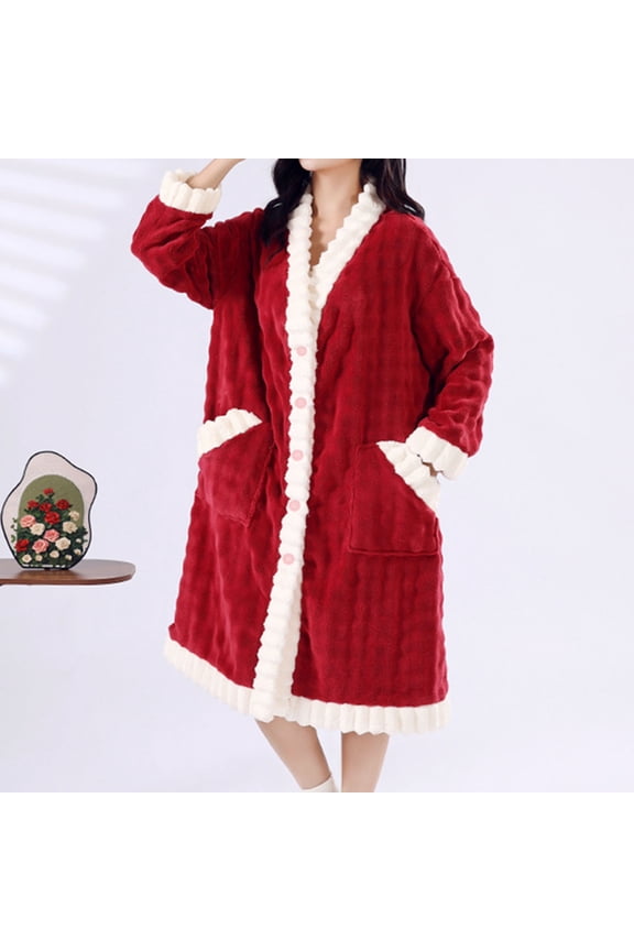 Terry Absorbent Robes for Women Extra Thick Cozy Warm Plush Bathrobe Cozy Christmas Gift Button Down Nightgown Sleepwear Red Free Size