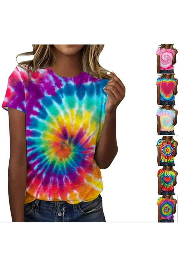 Tie Dye T Shirts for Women Plus Size Rainbow Shirts Summer Short Sleeve Tops Crewneck Graphic Tees Multicolor,M