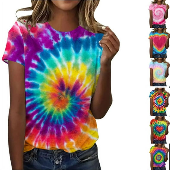 Fanxing Tie Dye T Shirts for Women Rainbow Shirts Summer Short Sleeve Tops Crewneck Graphic Tees Multicolor,M