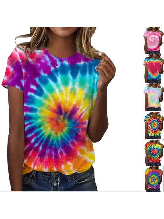 Tie Dye T Shirts for Women Rainbow Shirts Summer Short Sleeve Tops Crewneck Graphic Tees Multicolor,XXXXXL