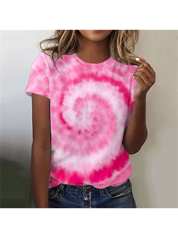 Tie Dye T Shirts for Women Rainbow Shirts Summer Short Sleeve Tops Crewneck Graphic Tees Pink,L