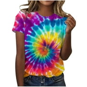 FANXING Tie Dye T Shirts for Women Rainbow Shirts Summer Short Sleeve Tops Crewneck Graphic Tees Red,L
