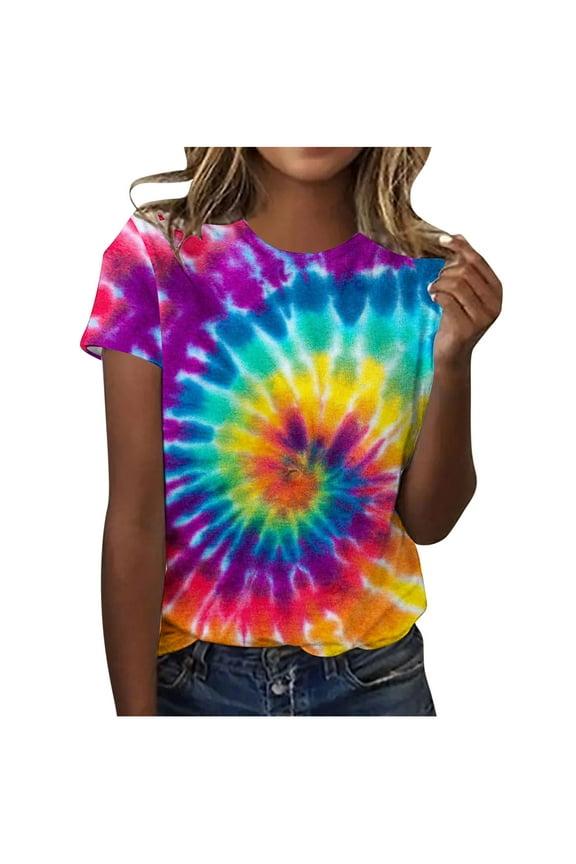 Tie Dye T Shirts for Women Rainbow Shirts Summer Short Sleeve Tops Crewneck Graphic Tees Red,XL