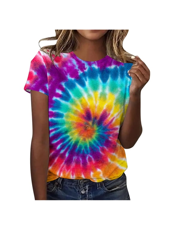 Tie Dye T Shirts for Women Rainbow Shirts Summer Short Sleeve Tops Crewneck Graphic Tees Red,XL