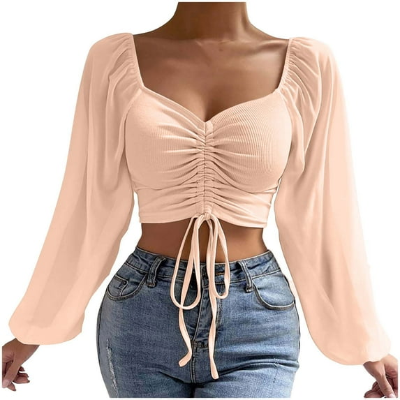 Fanxing Trendy Womens Long Sleeve Crop Tops Slim Fit Ruched Shirts Casual Fashion 2025 Going Out Y2k Tops Teen Girl Clothes