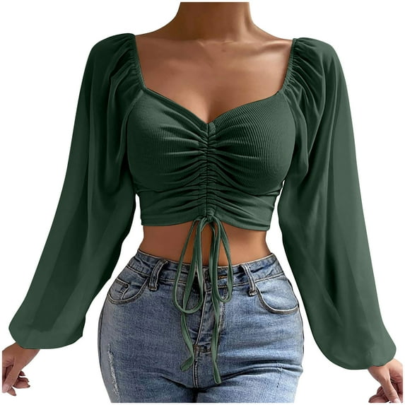 Fanxing Summer Clearance Trendy Womens Long Sleeve Crop Tops Slim Fit Ruched Shirts Casual Fashion 2025 Going Out Y2k Tops Teen Girl Clothes