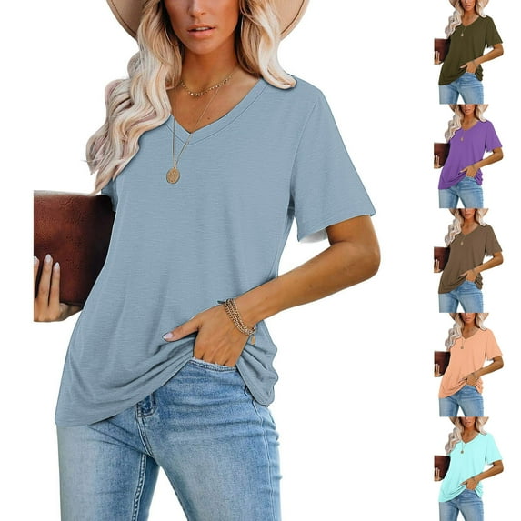 Fanxing Tshirts for Women Short Sleeve V Neck T Shirts Trendy Solid Color Summer Tops Light Blue,XXL