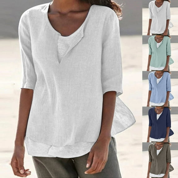 Fanxing Tunic Tops for Women Plus Size 3/4 Sleeve Blouses Breathable Linen Shirt for Summer Bohemian Vacation Shirts S-5XL
