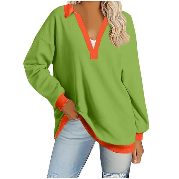 Fanxing V Collared Sweatshirt for Women 2025 Fall Color Blocked Long Sleeve Pullover Comy Lightweight Boyfriend Sweatshirts Last Order Placed Army Green,XL