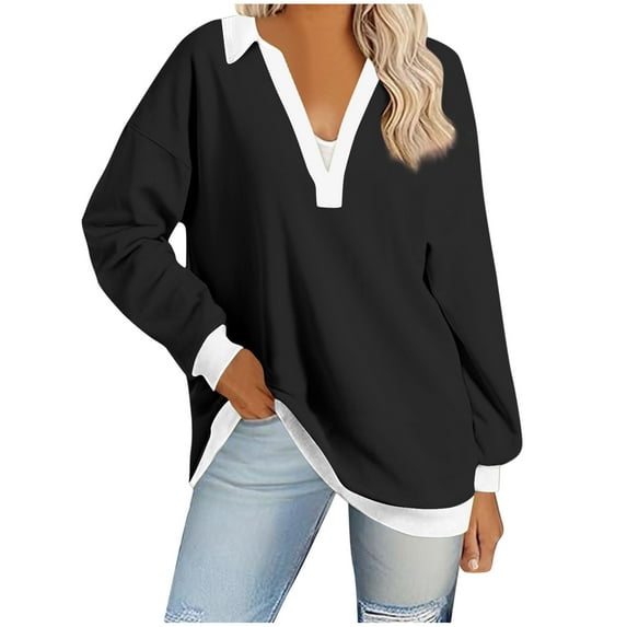 Fanxing V Collared Sweatshirt for Women 2025 Fall Color Blocked Long Sleeve Pullover Comy Lightweight Boyfriend Sweatshirts My Orders Placed Recently By Me Black,M