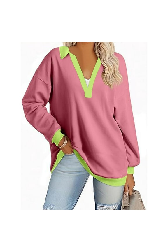 V Collared Sweatshirt for Women 2025 Fall Color Blocked Long Sleeve Pullover Comy Lightweight Boyfriend Sweatshirts Returns And Refunds My Orders Pink,L