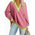 thumbnail image 1 of Fanxing V Collared Sweatshirt for Women 2025 Fall Color Blocked Long Sleeve Pullover Comy Lightweight Boyfriend Sweatshirts Cancel Order Pink,M, 1 of 4
