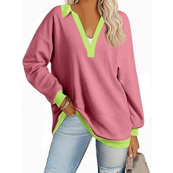 Fanxing V Collared Sweatshirt for Women 2025 Fall Color Blocked Long Sleeve Pullover Comy Lightweight Boyfriend Sweatshirts Cancel Order Pink,M