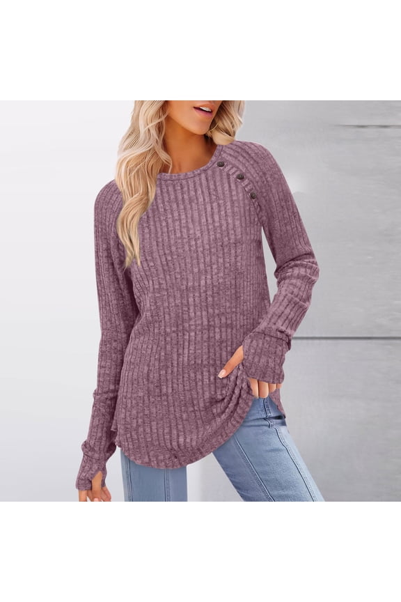 V Neck Pullover Sweaters for Women with Thumb Holes Casual Dressy Side Slit Tunic Knit Tops Purple L