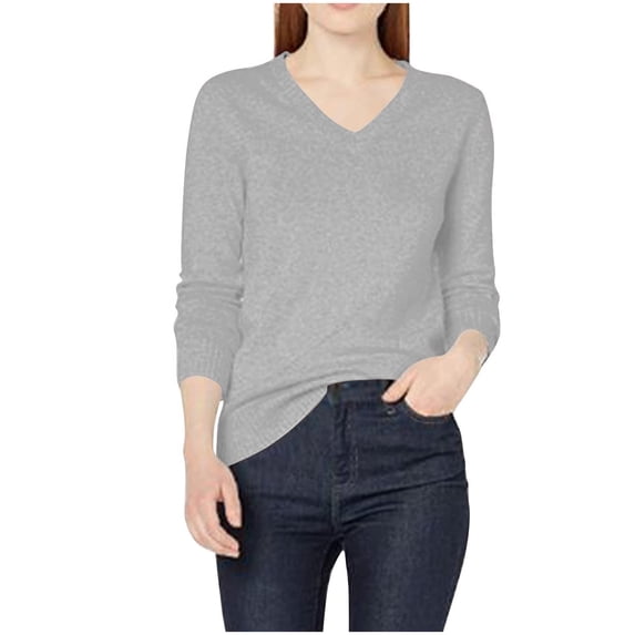 Fanxing V Neck Sweater for Women Lightweight Comfort Jumper Tops Soft Cozy Long Sleeve Knit Pullover Ladies Dressy Casual Solid Color Blouses Gray XL
