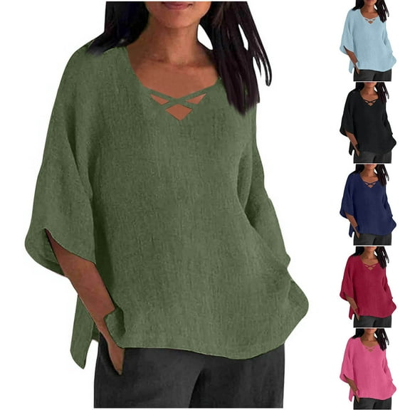 Fanxing Vacation Linen Shirt Women Criss Cross V Neck Blouses Comfort Summer Tops Loose Fitting Flowy Linen Tunics S-2XL