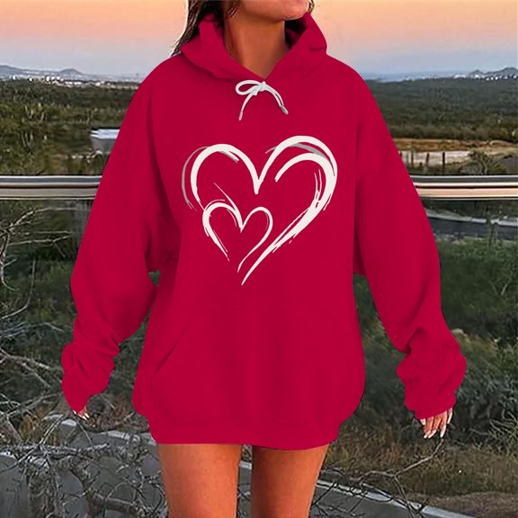Fanxing Valentines Day Hoodie for Women Plus Sweatshirts & Hoodies Trendy Heart Graphic Overzied Hooded Tops Fall Winter Drawstring Pullover Red 3XL