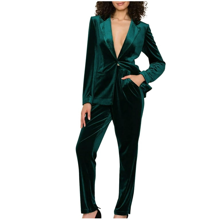 Fanxing Velour Blazer Set for Women Elegant Deep V Neck Blazer Jacket with Long Pants Velvet 2 Piece Outfit Clubwear Blazer And Pants Set Suit Velvet Green M Walmart