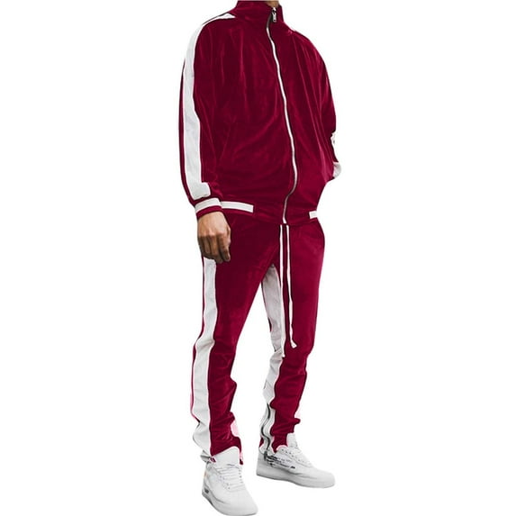 Fanxing Velour Tracksuit Mens 2 Piece Velvet Zipper Jacket Drawtsring Waistband Sweatpants Sweatsuits Set Casual Velvet Fleece Red,S