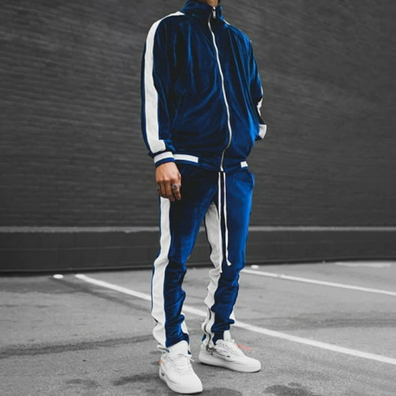 Fanxing Velvet Sweatsuits 2 Piece Sets for Men Stand Collar Velour Outfits Zip Up Sweatshirts with Sweatpants Jogger Set Loose Fit Color Block Long Sleeve Tracksuits Dark Blue,S