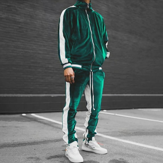 Fanxing Velvet Sweatsuits 2 Piece Sets for Men Stand Collar Velour Outfits Zip Up Sweatshirts with Sweatpants Jogger Set Loose Fit Color Block Long Sleeve Tracksuits Green,S