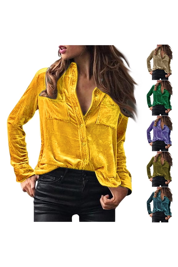 Velvet Tops for Women Button Down Shirts Elegant Lapel Collar Velour Tops Spring Casual Long Sleeve Shirt Blouse with Pocket Green,L