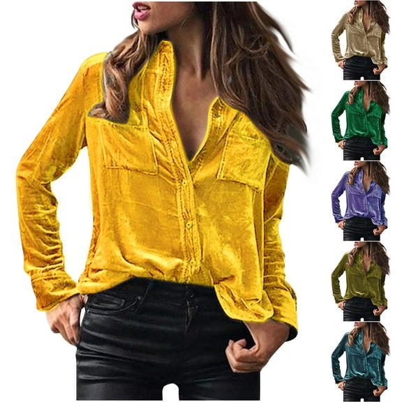 Fanxing Velvet Tops for Women Button Down Shirts Elegant Lapel Collar Velour Tops Spring Casual Long Sleeve Shirt Blouse with Pocket Purple,XL