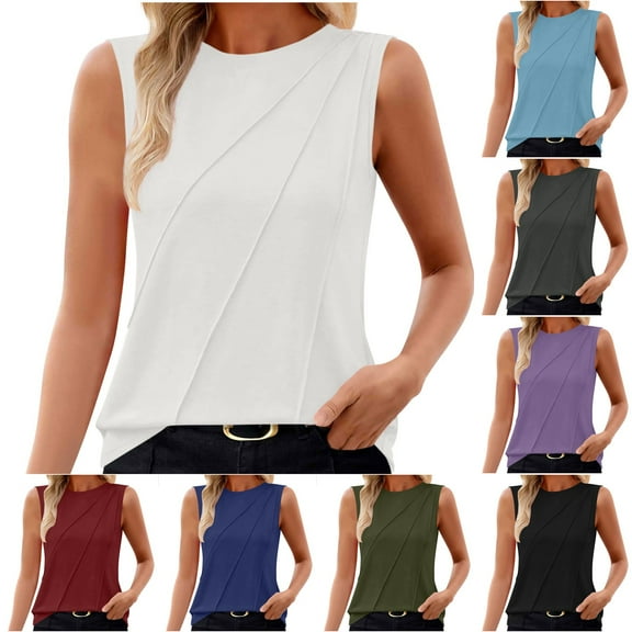 Fanxing White High Neck Tank Tops for Women M Loose Fit Sleeveless Top Summer Clothes Front Pleated Camis （Women's S-2XL)