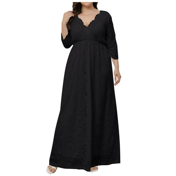 Fanxing White Wedding Dresses for Bride Plus Size Wedding Guest Dresses for Women Elegant Lace V Neck Maxi Long Dresses Black,XXXXL