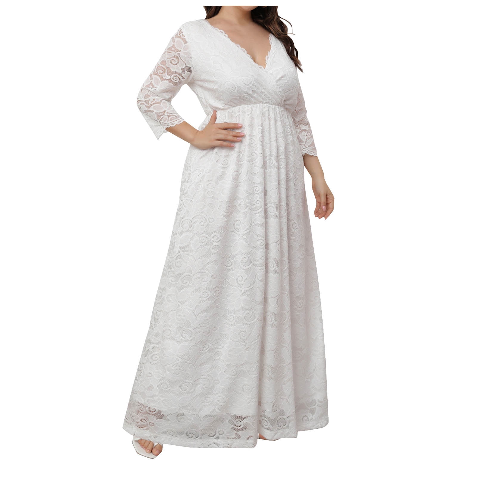 Fanxing White Wedding Dresses for Bride Plus Size Wedding Guest Dresses for Women Elegant Lace V Neck Maxi Long Dresses White,XXXXXL