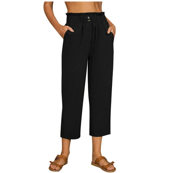 Fanxing Wide Leg Pants for Women Plus Size Summer Casual Cotton Linen Capri With Pockets, Elastic Waist Comfy Work Long Trousers