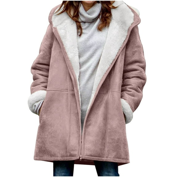 Fanxing Winter Deals Womens Plus Size Suede Leather Coat Winter Warm Sherpa Fleece Lined Suede Hooded Parka Coats Mid Length Cozy Fuzzy Pea Coat