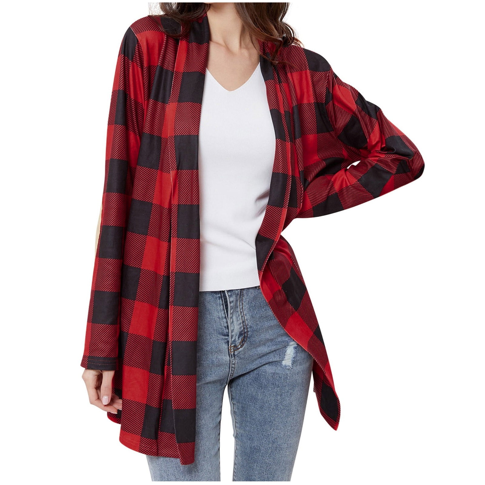 Fanxing Winter Discount Season Clearance Womens Buffalo Plaid Cardigans Long Sleeve Elbow Patch Draped Open Front Cardigan Shirt Flannel Jacket Coat Cozy Knit Sweater Outwear Walmart