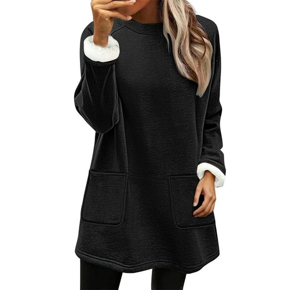 Fanxing Winter Fleece Lined Sweatshirts for Women Casual Sherpa Warm Pullover with Pocket Long Sleeve Crewneck Tunic Thermal Top Black S