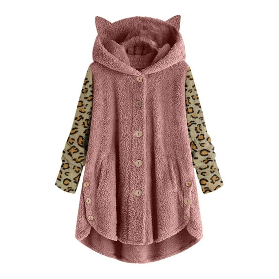 Fanxing Winter Jackets for Women Plus Size Clearance 2024 Cute Cat Ear Hooded Cardigan Oversized Warm Sherpa Jacket Casual Fuzzy Fleece Lined Coats Hoodies Long Sleeve Outerwear with Pockets S-5XL