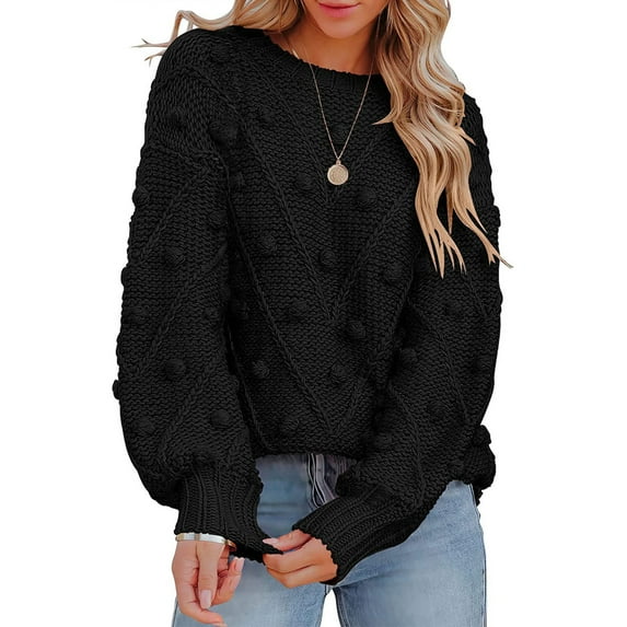 Fanxing Winter Sweaters for Women Trendy Cute Long Sleeve Chunky Cable Knit Pullover Pompom Jumper Tops Black XL