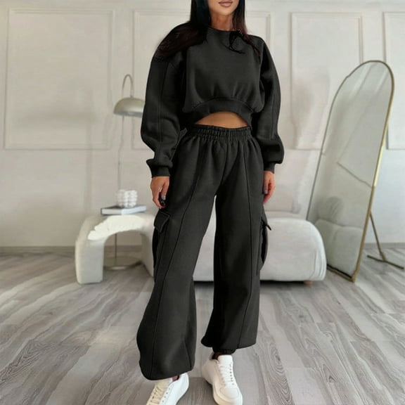 Fanxing Women 2 Piece Outfit Sets Trendy Y2K Sweatsuits Long Sleeve Crewneck Crop Pullover Cargo Sweatpants Casual Solid Color Matching Lounge Tracksuits 3XL