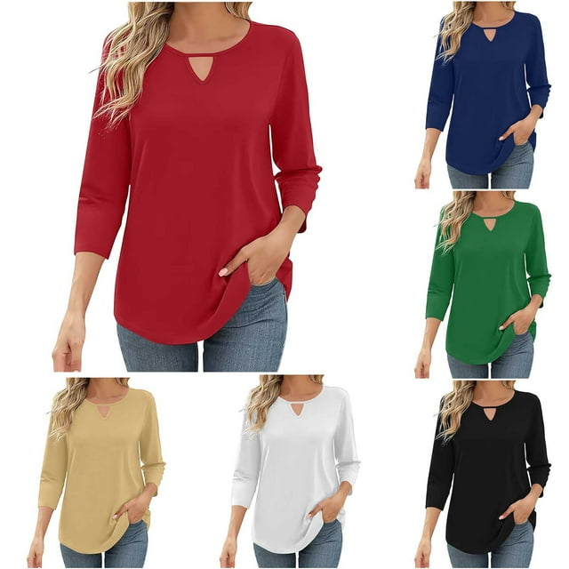 Fanxing Women 3/4 Sleeve Shirts with Keyhole Crewneck Pullover Going Out Tops Hollow Out Three Quarter Sleeve Blouses Black,XL