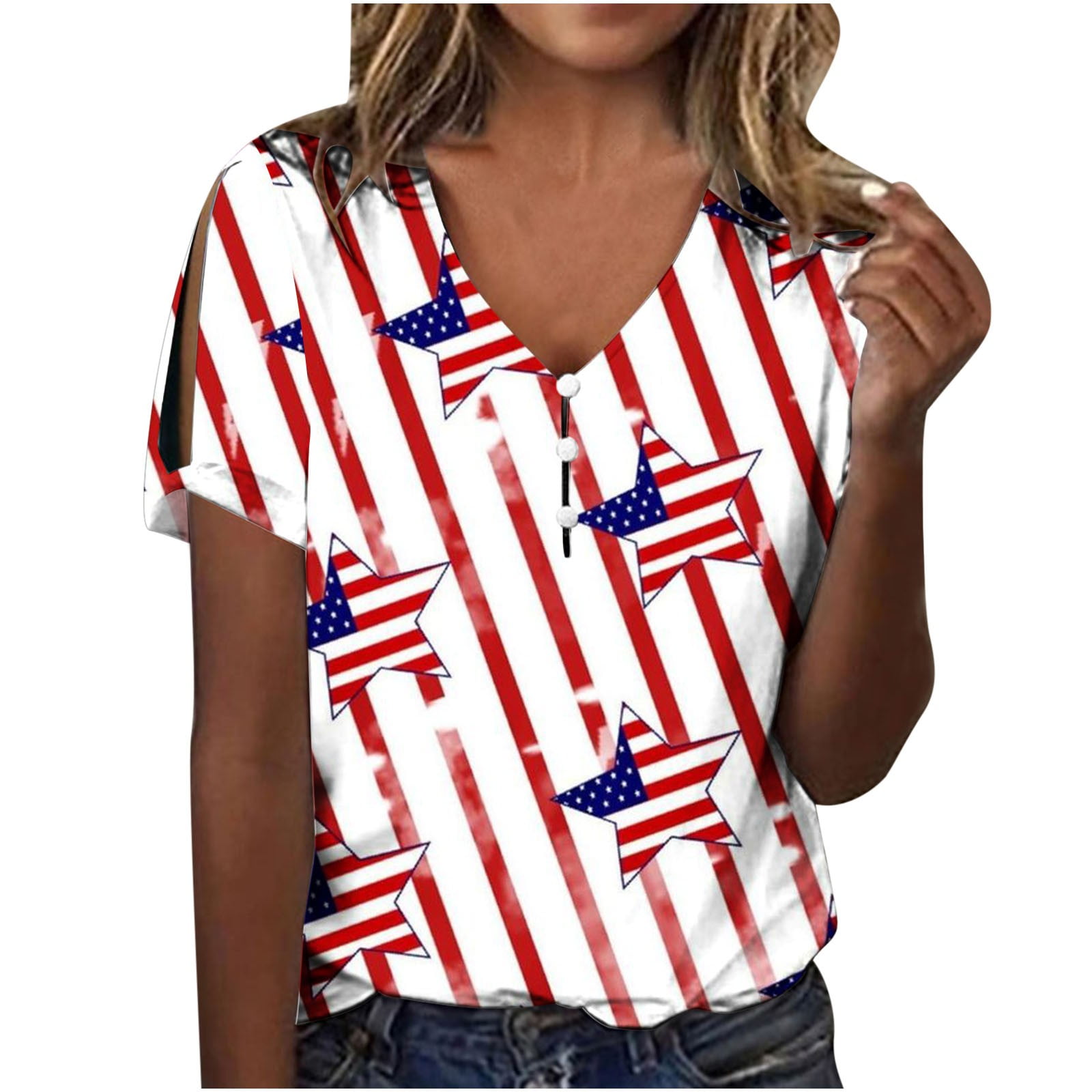 Fanxing Women 4th of July Patriotic Shirt Summer V Neck Blouse Stars