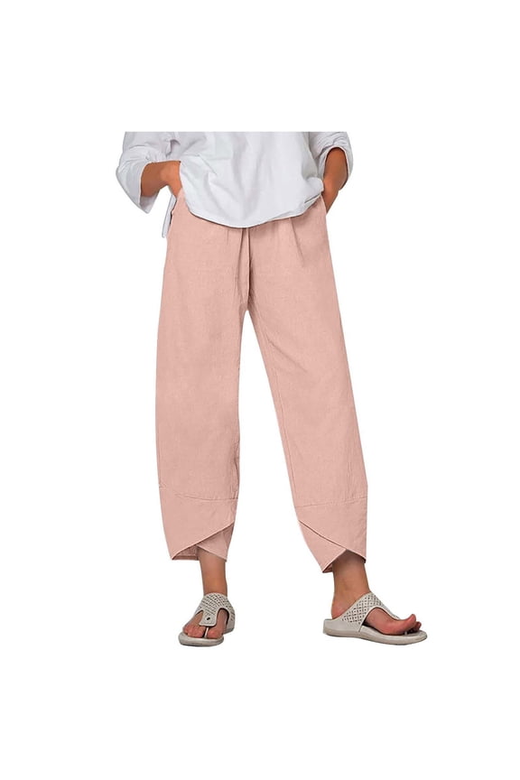Women Capri Pants Plus Size Cropped Tulip Pants Cropped Pants Elastic High Waist Linen Pant Straight Leg Crop Trousers with Pocket 50% Percent Off Pink,S Female